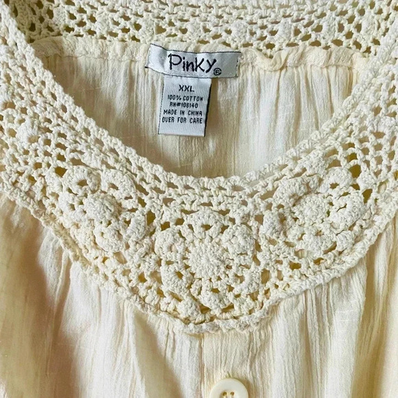 PINKY | Crochet Lace Yoke Boho Button Front Linen Tank Top Size XXL - Picture 3 of 5